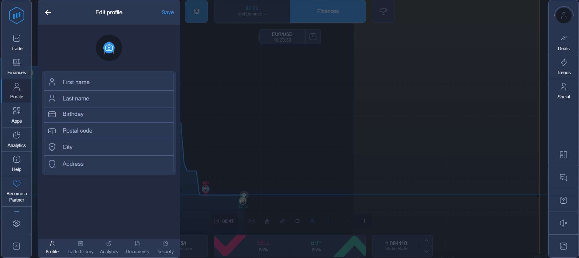 Dados do perfil na Expert Option