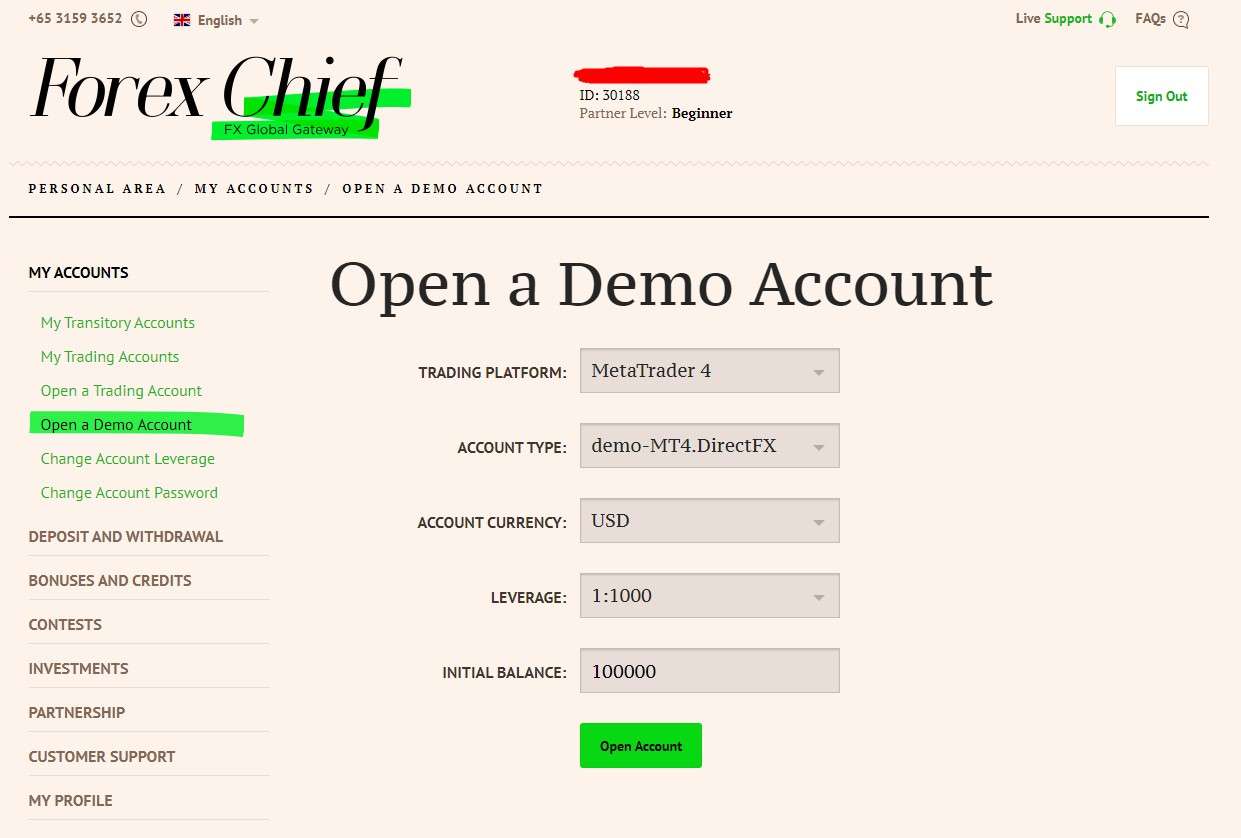 Opening a demo account at Forex Chief