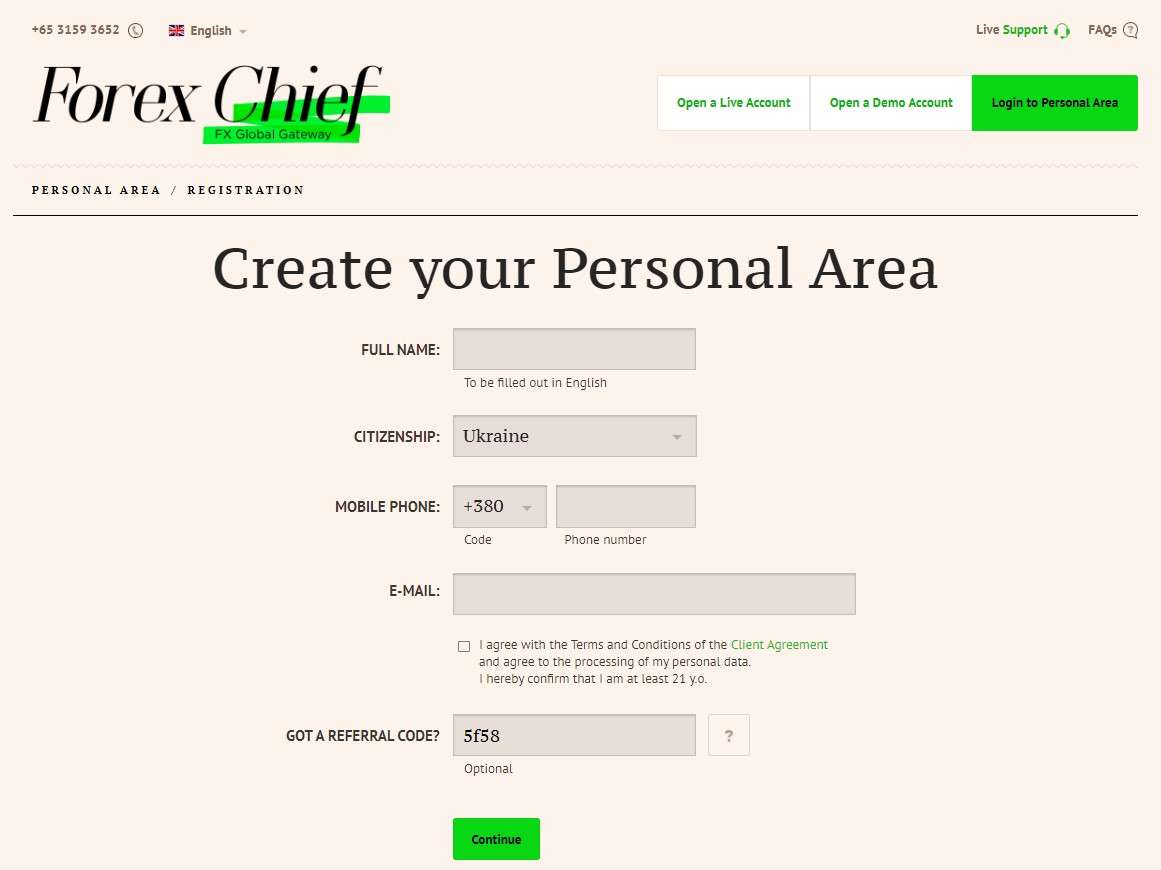 Forex Chief registration form