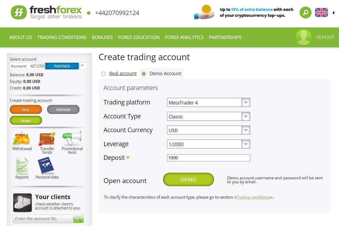 Abertura de uma conta de negociação na FreshForex