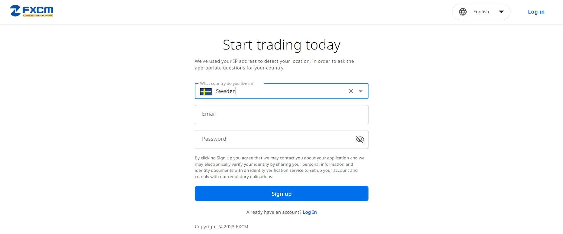 Форма регистрации на FXCM