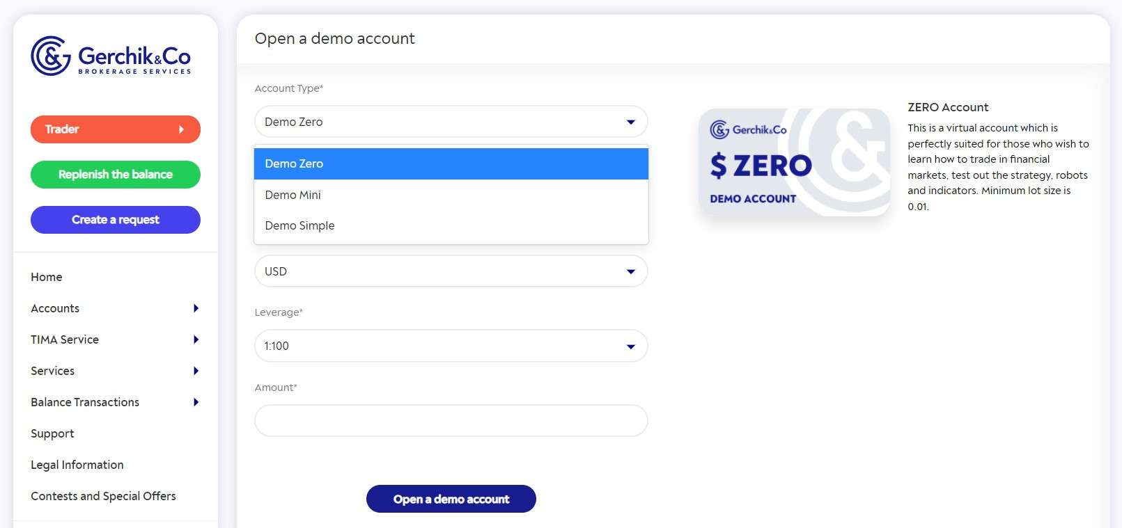 Abertura de uma conta demo com a Gerchik & Co