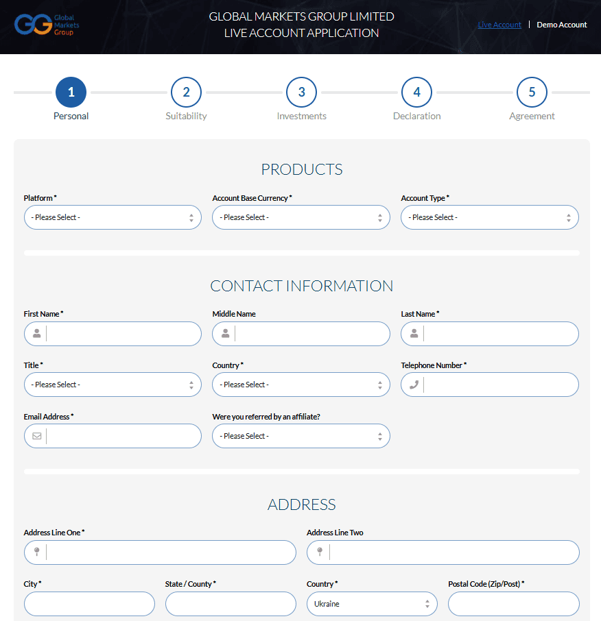 GMG Markets Formulario de registro