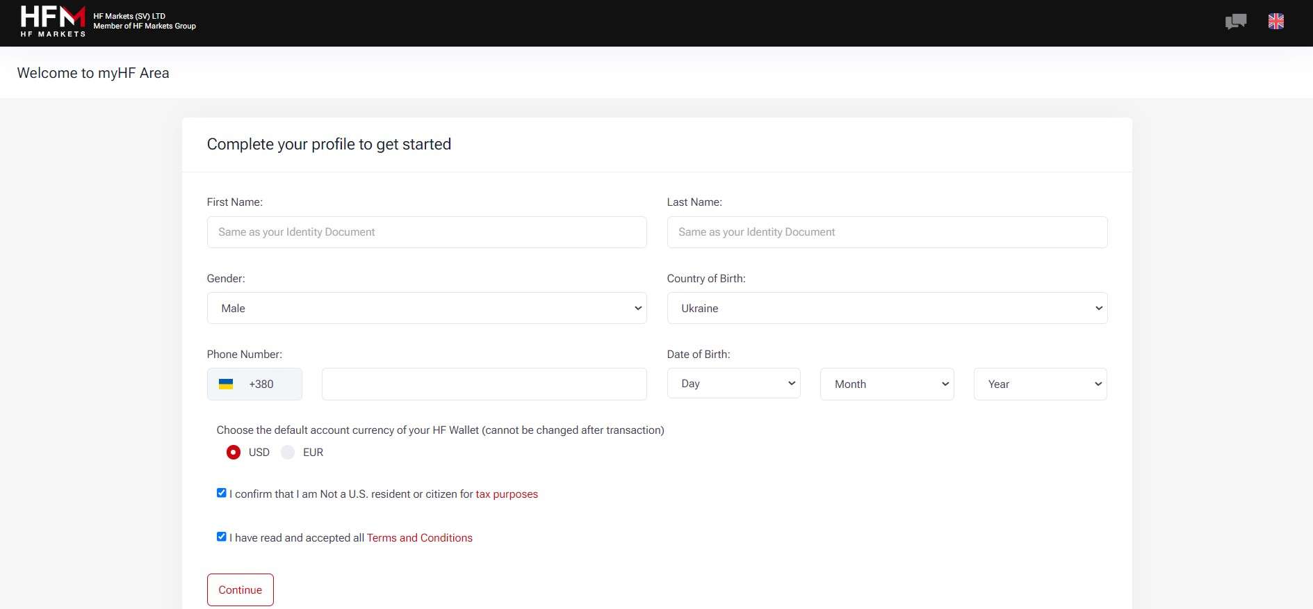 Form when filling in personal data with HFM broker