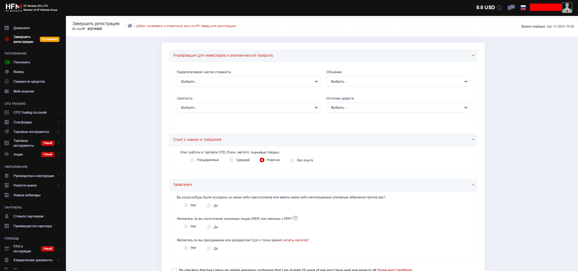 Форма экономического профиля на HFM