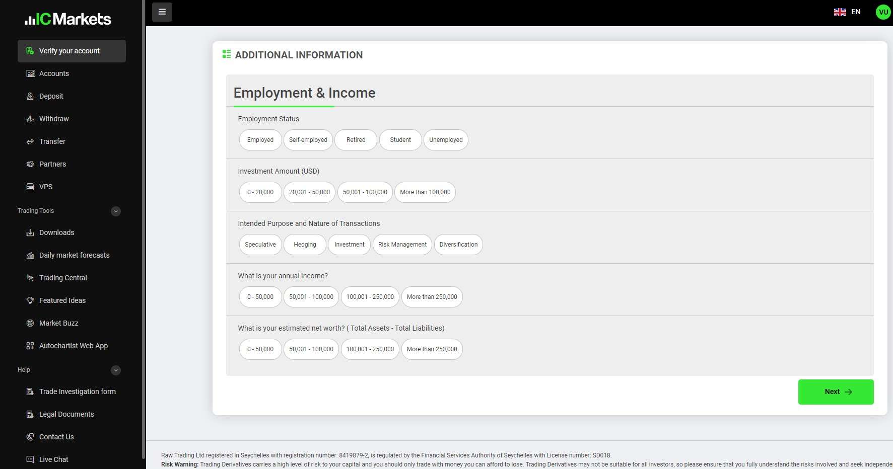 IC Markets income questionnaire
