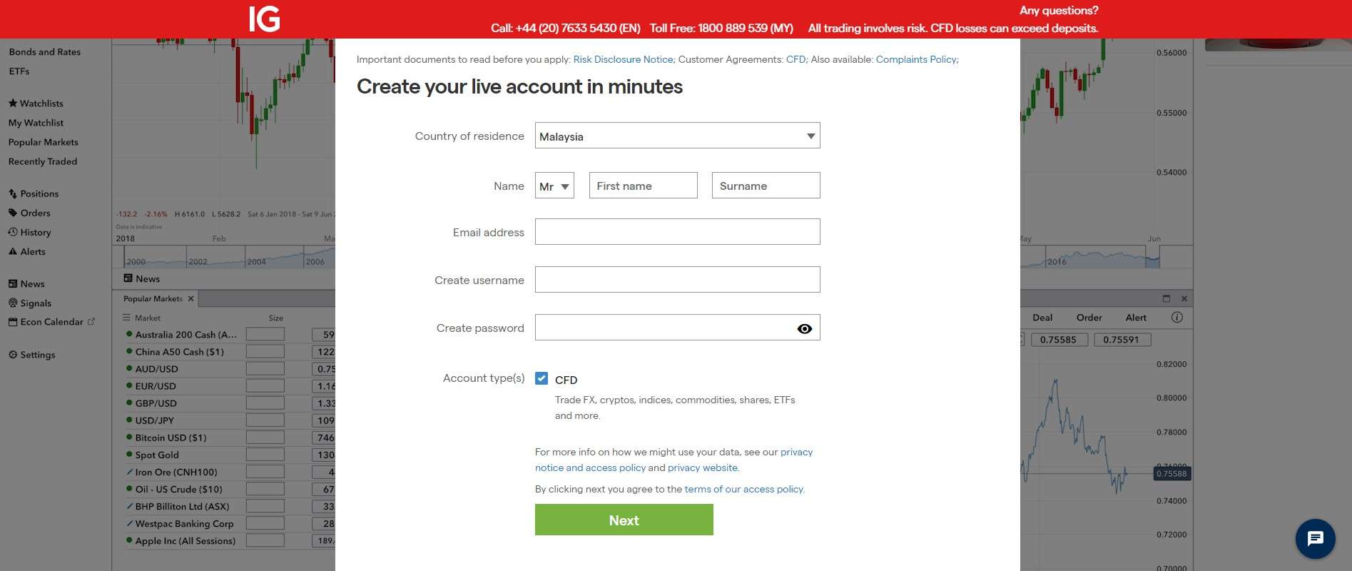 IG.com registration form