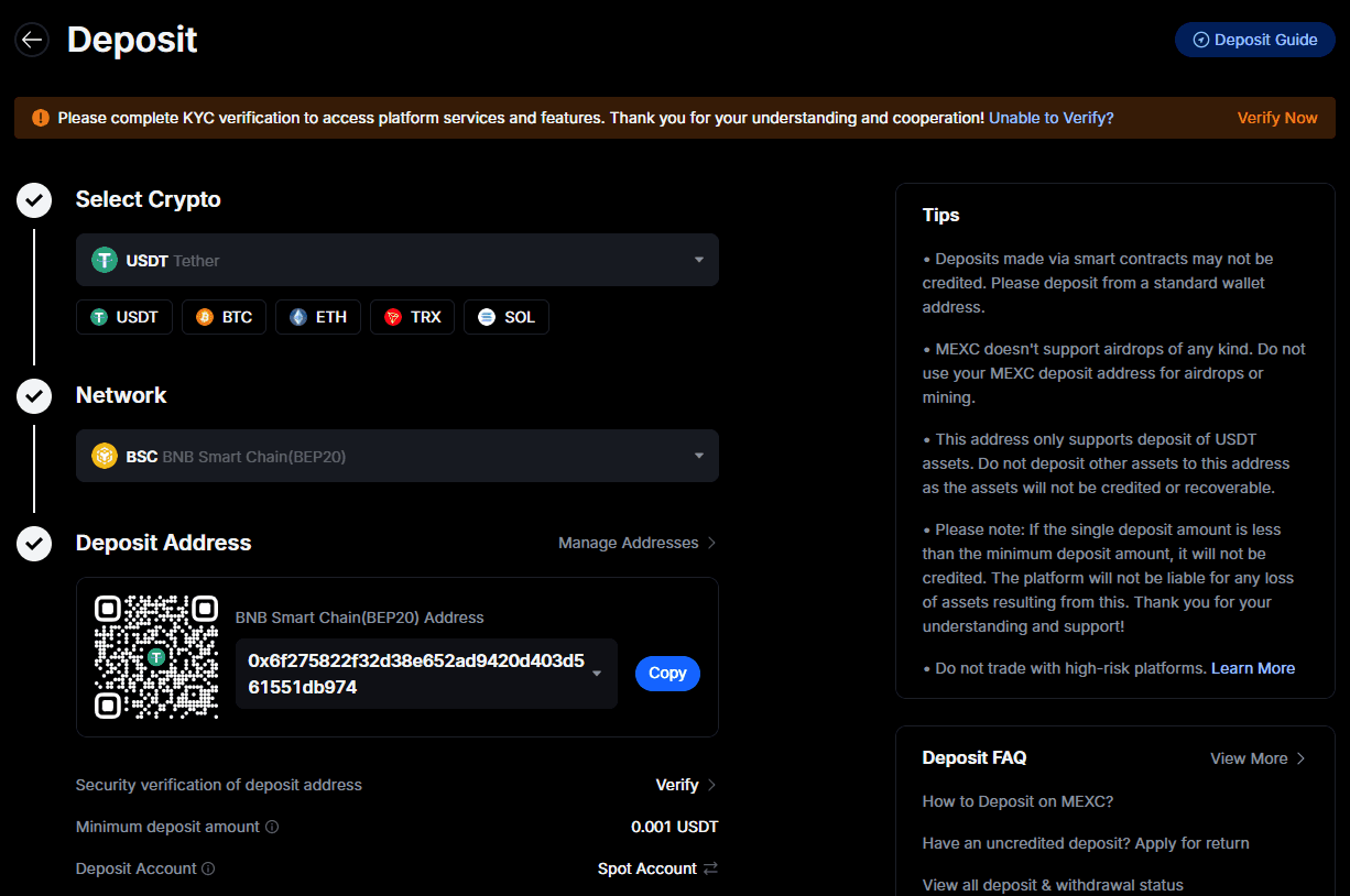 Depositing Cryptocurrency on MEXC