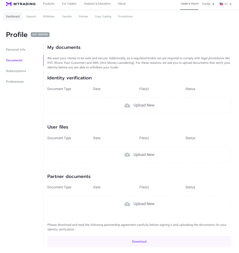 Верификация в личном кабинете MTrading