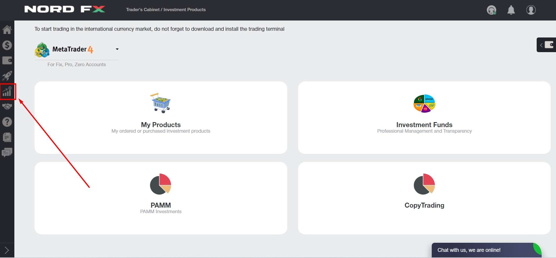 Investment products in NordFX trader's cabinet
