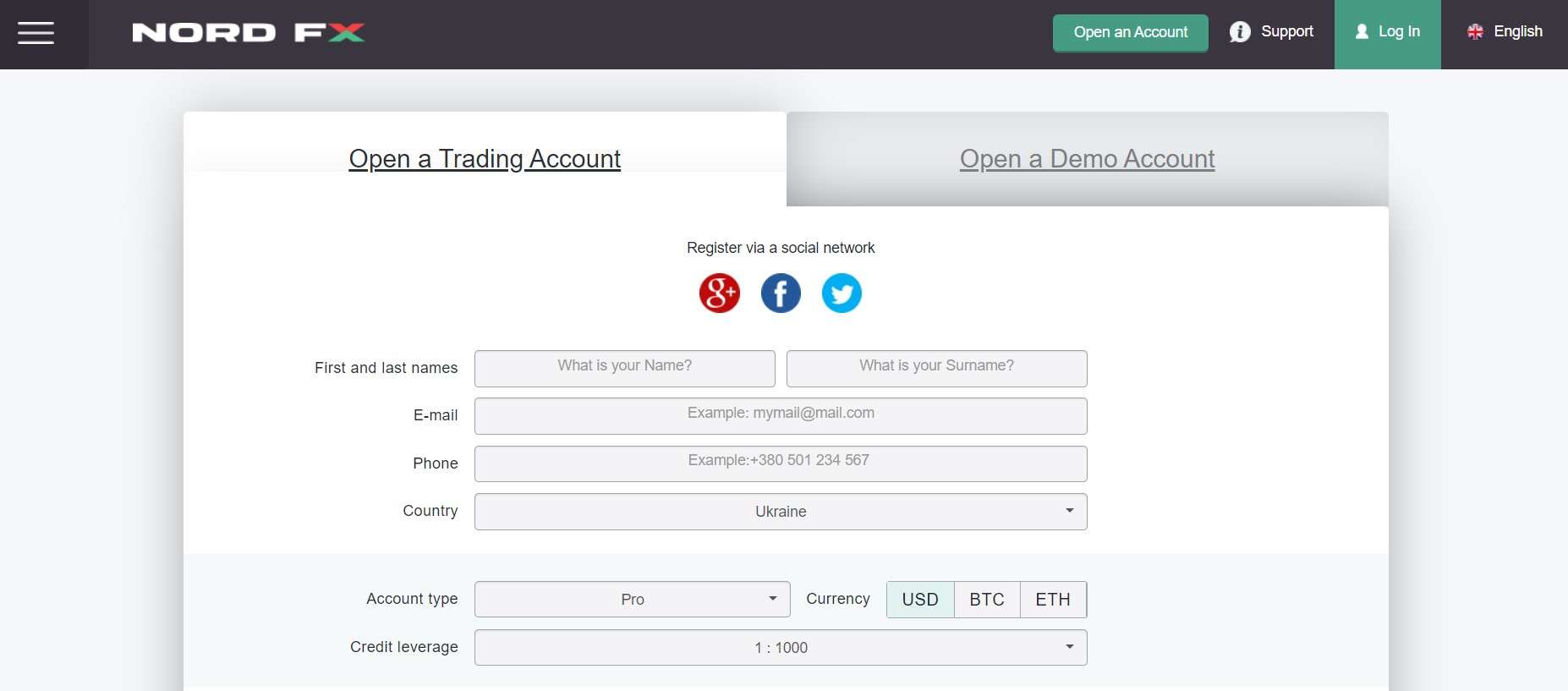 NordFX Registration Form