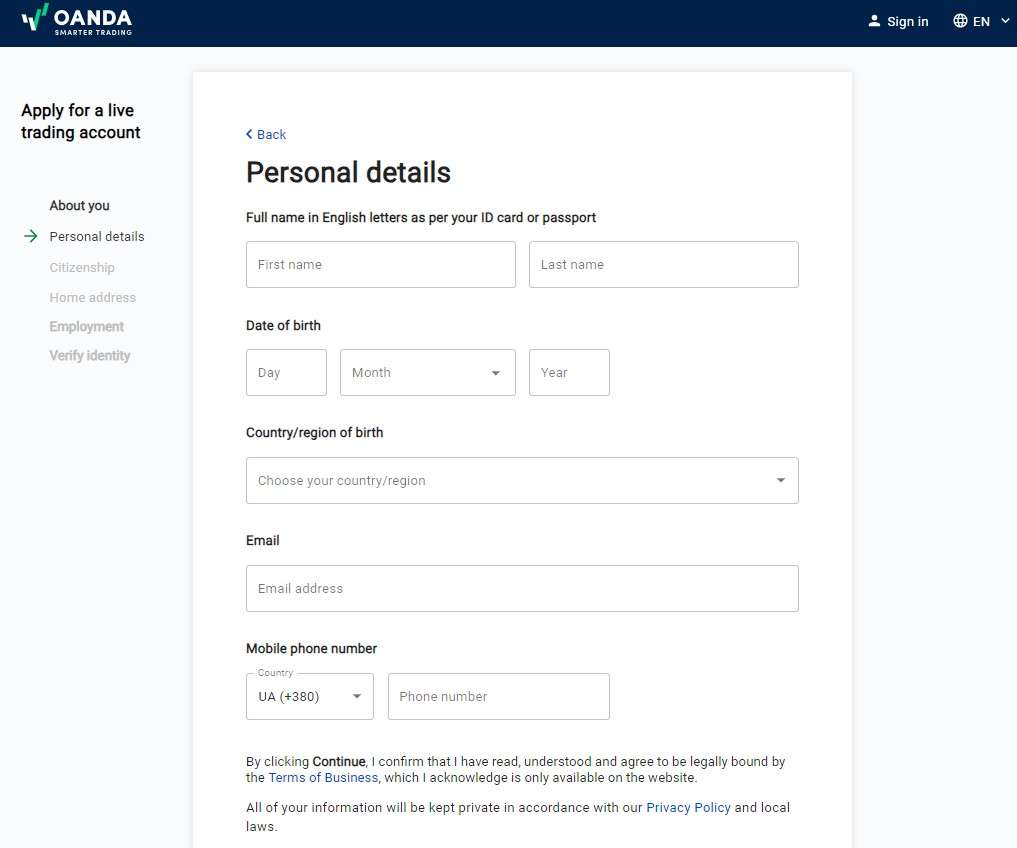 Personal data questionnaire for Oanda