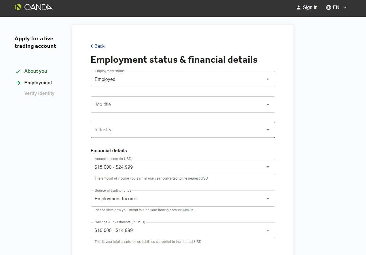 Questionnaire on employment status and financial data on Oanda