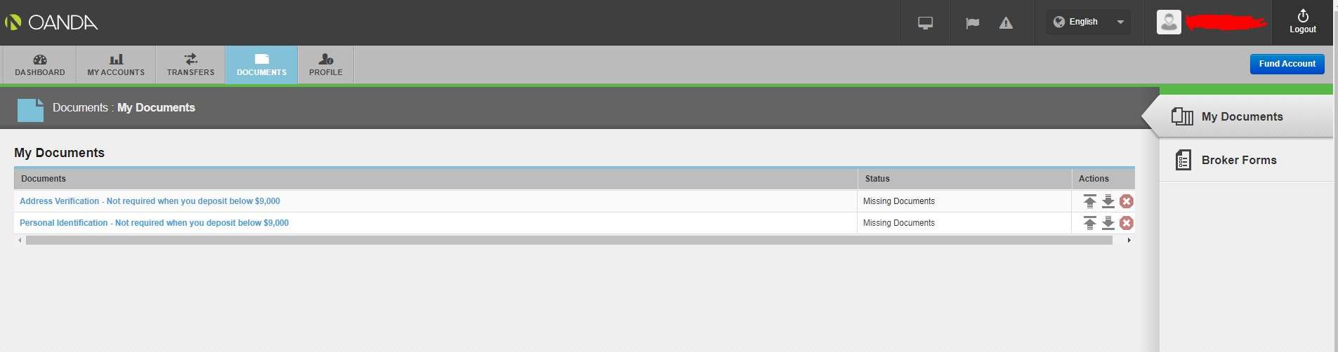 Oanda verification documents upload page