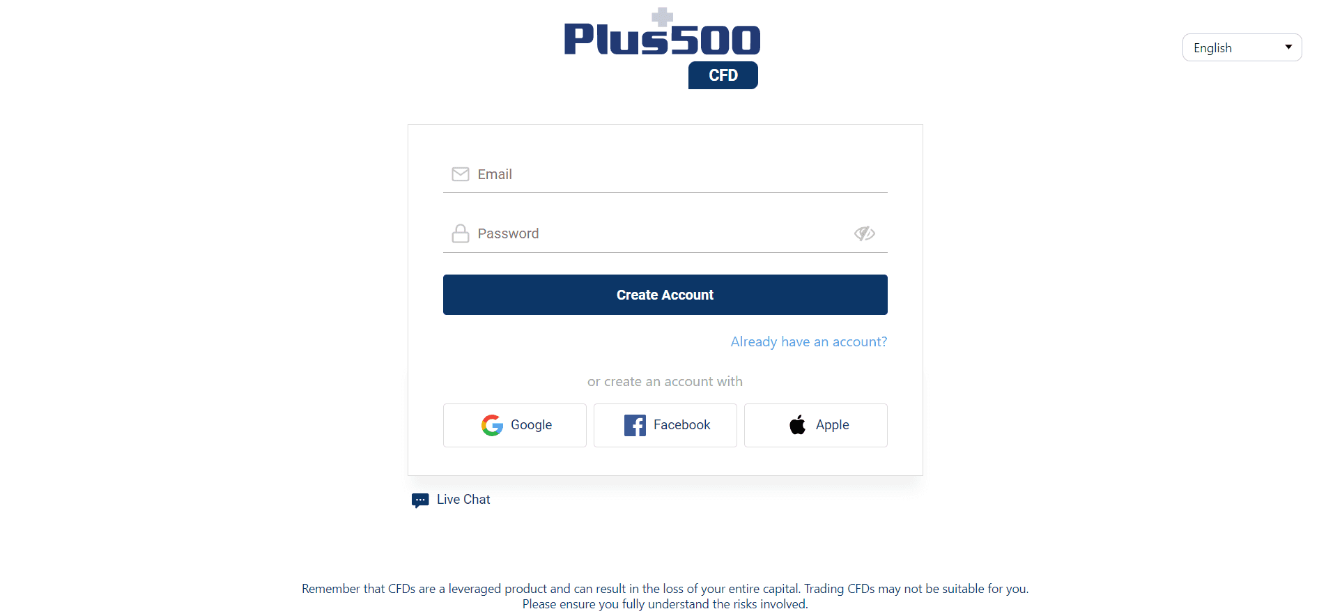 Criação de uma conta Plus500