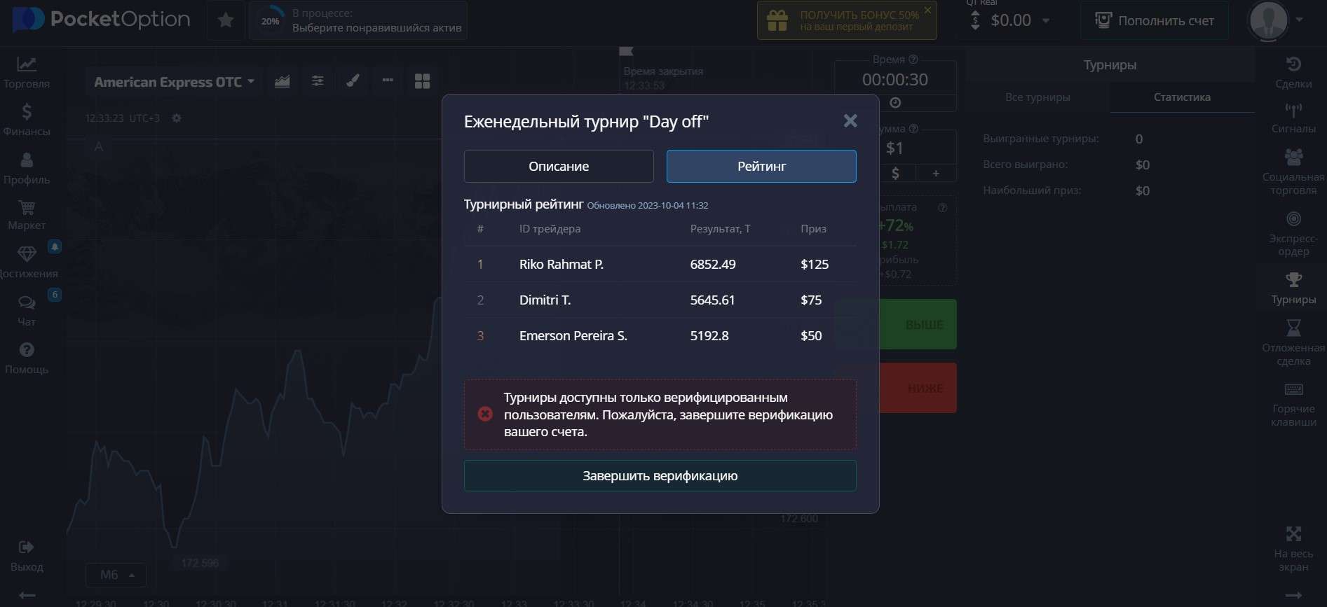 Рейтинг турнира на Pocket Option