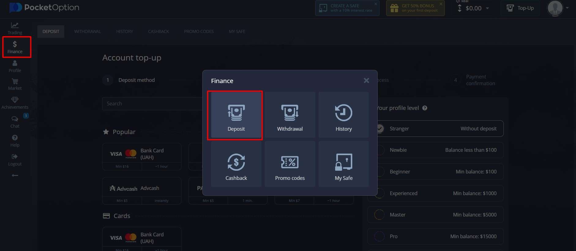 Como depositar na conta Pocket Option