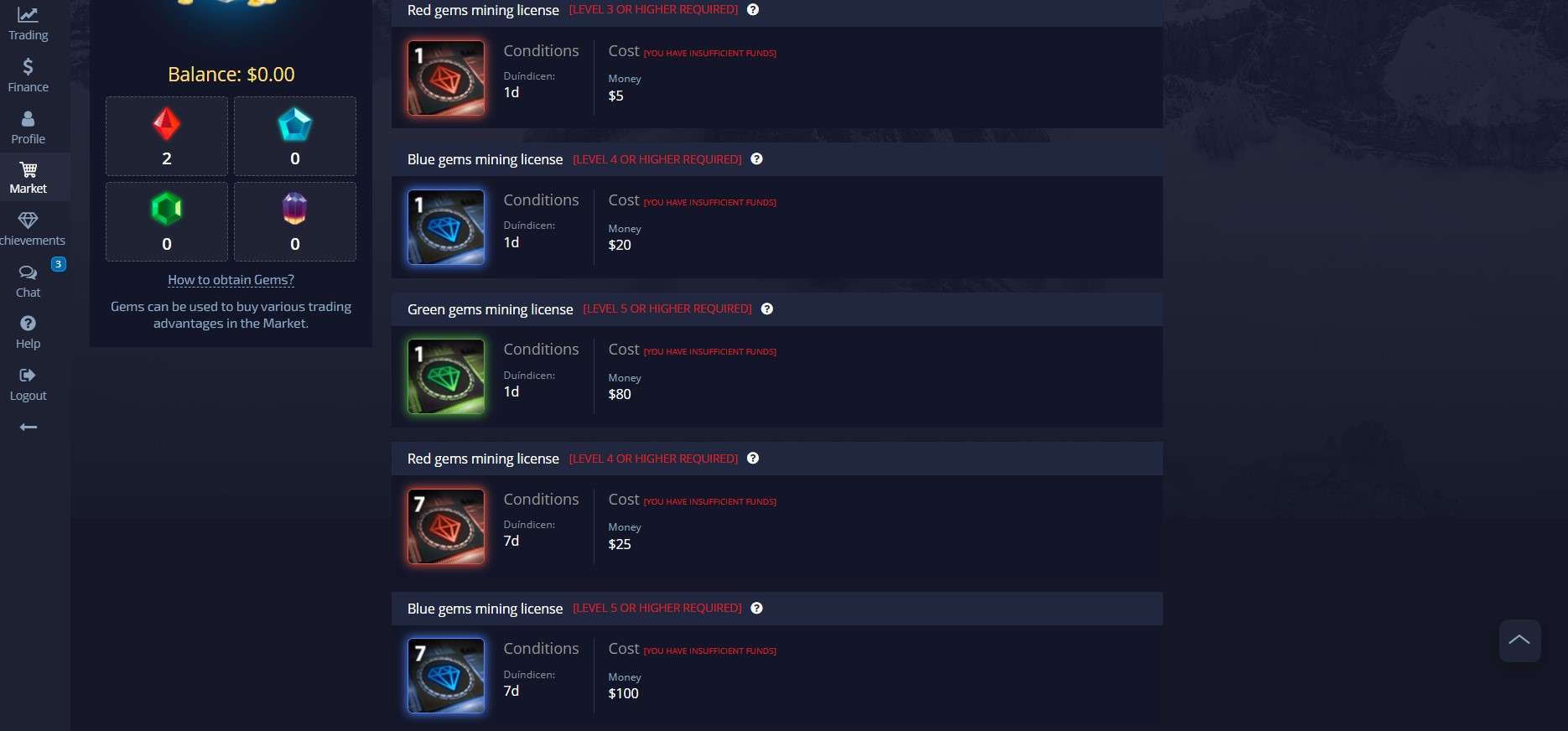 Licenças de mineração de gemas Pocket Option