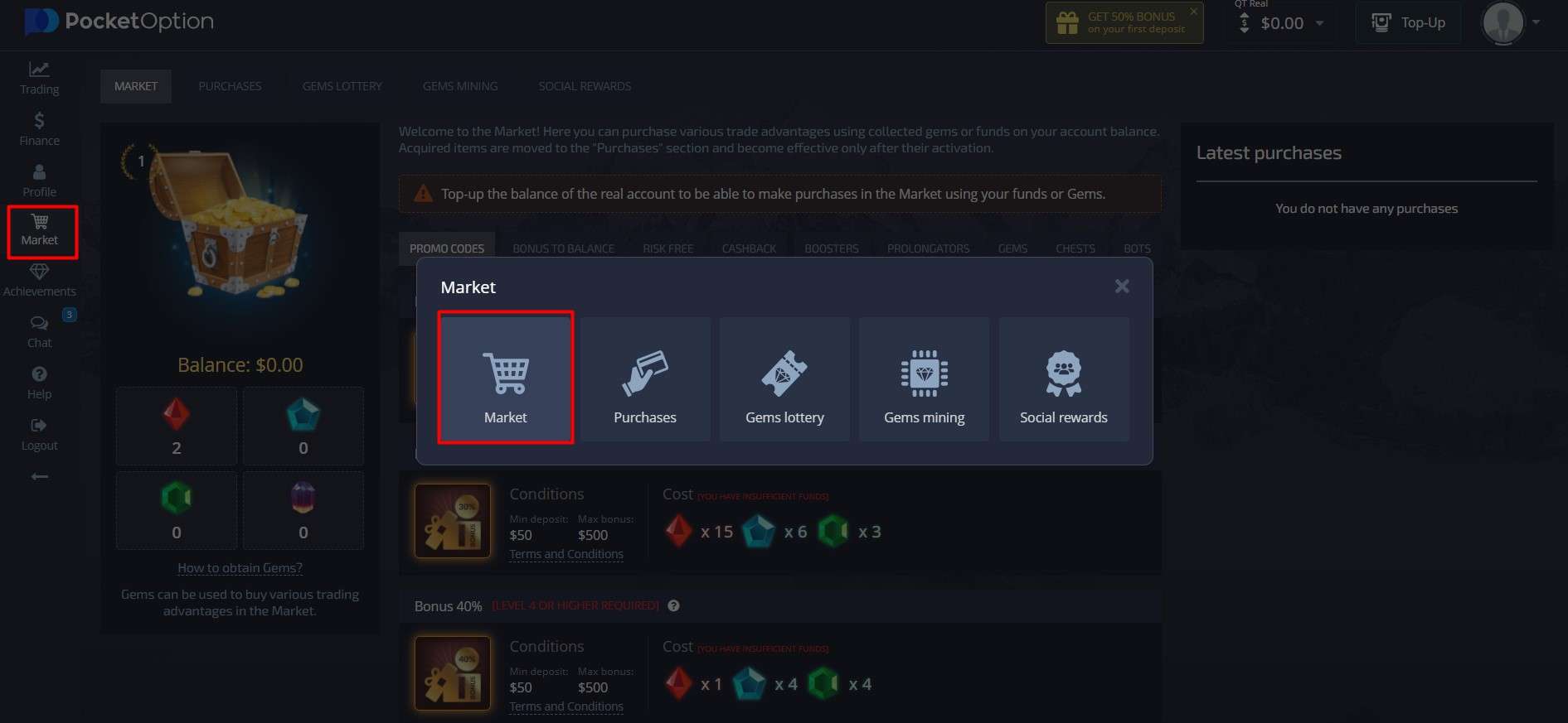 Mercado na Pocket Option
