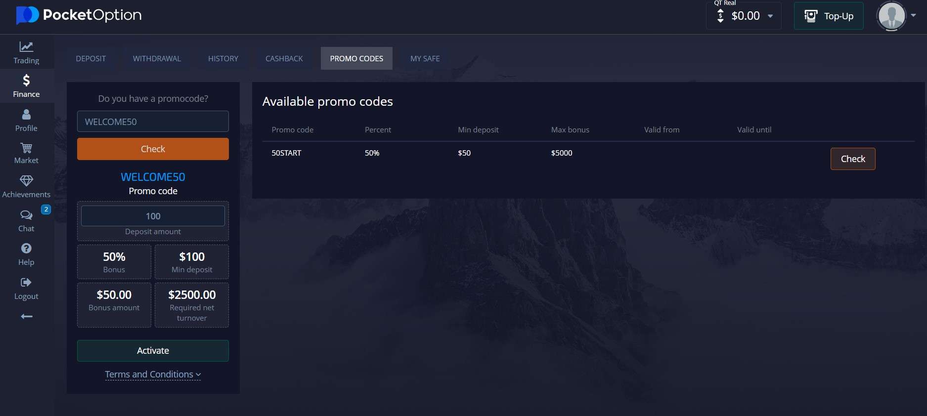 Verificação do status de um código promocional na Pocket Option