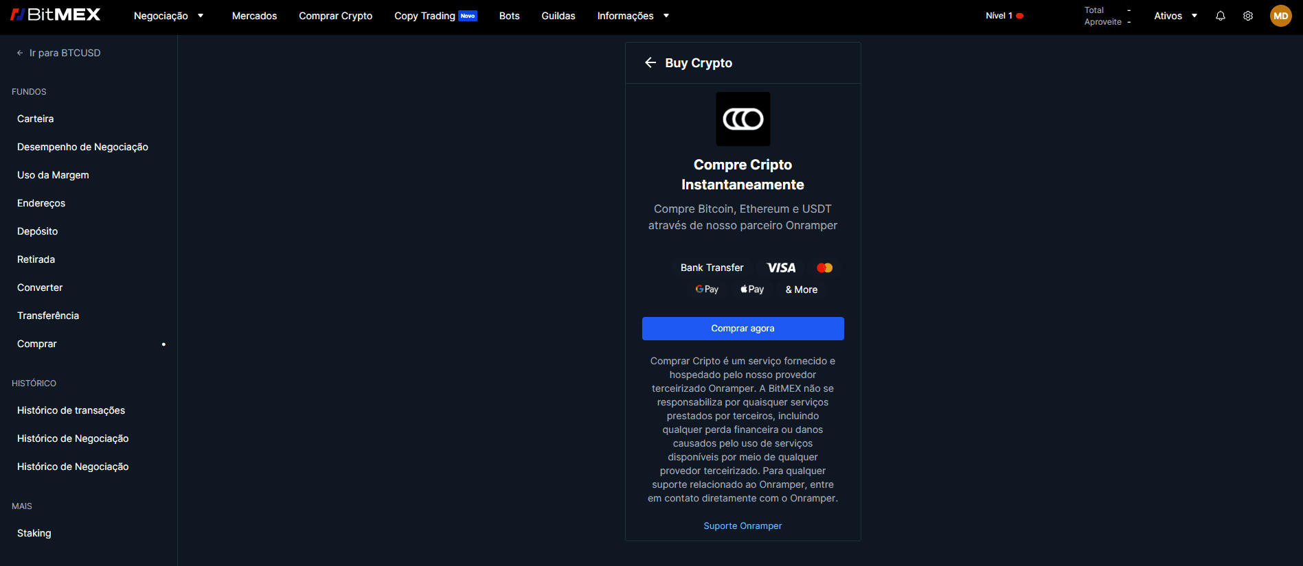 Compra de criptomoedas na BitMEX