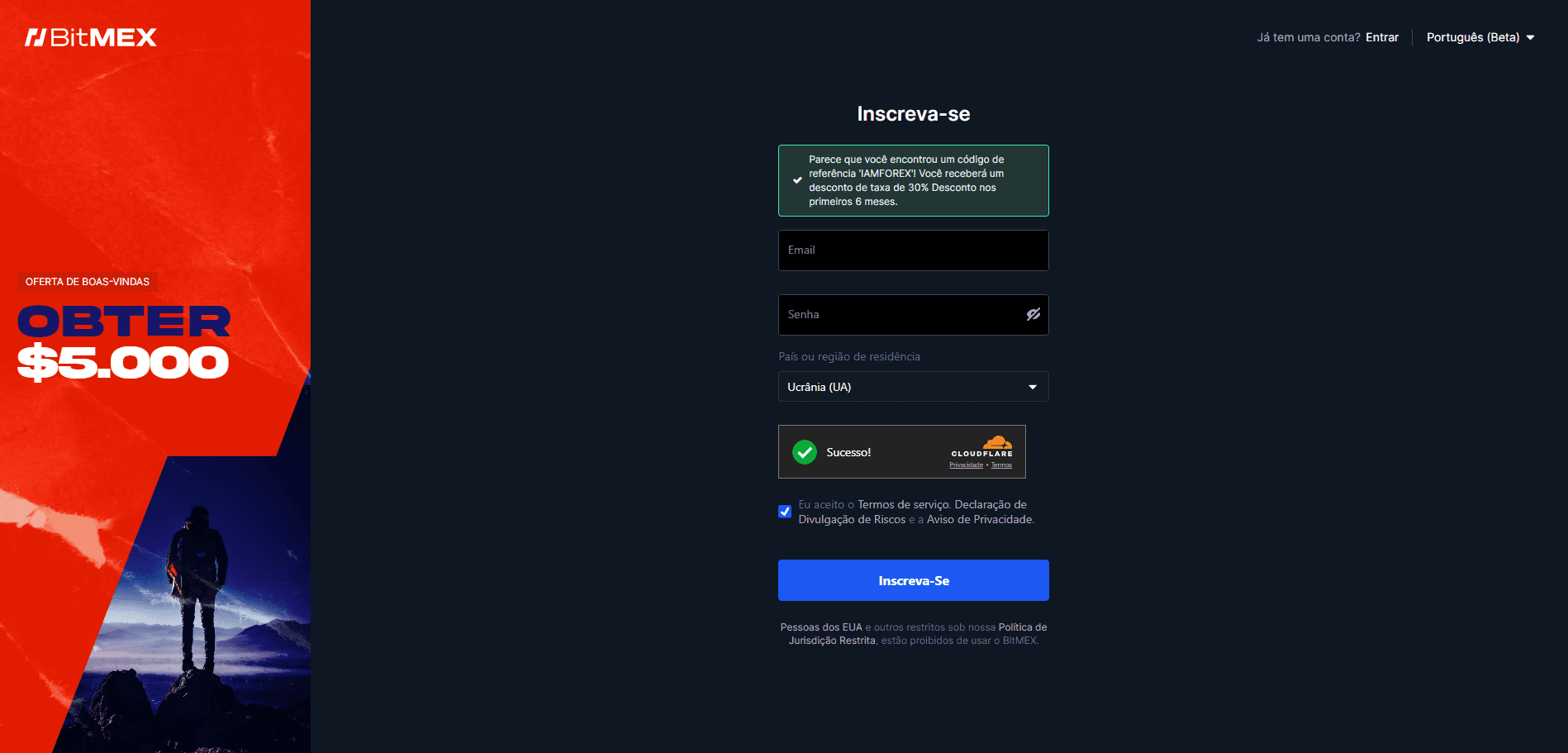 Formulário de registro na BitMEX