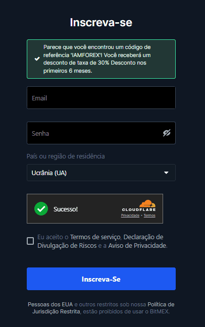 Utilização do código promocional na BitMEX