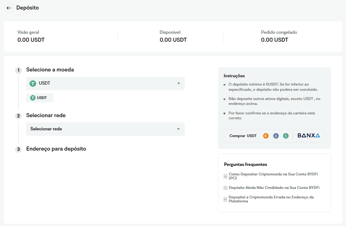 Depositar criptomoedas no BYDFi