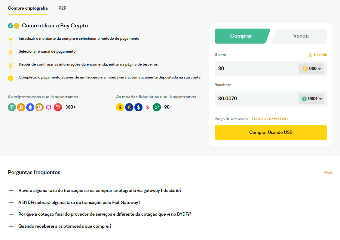 Comprar criptomoedas com moeda fiduciária no BYDFi