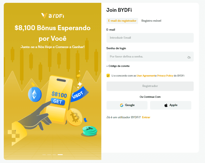 Formulário de registro do BYDFi