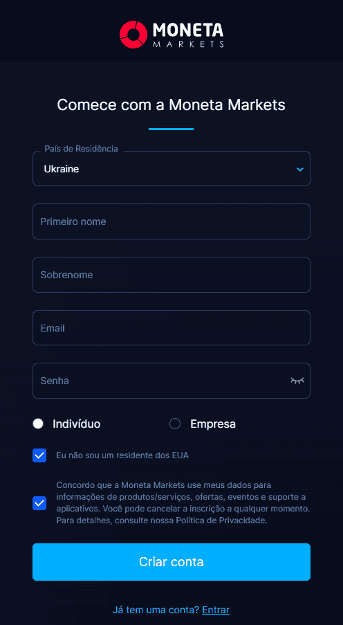 Formulário de registro na Moneta Markets