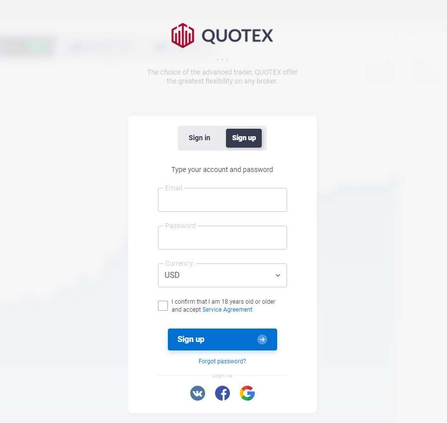 Formulário de registro Quotex