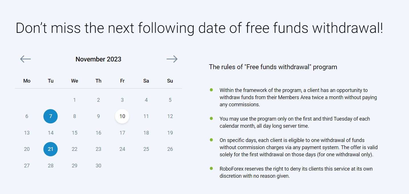 Calendario de RoboForex para retiros sin comisión