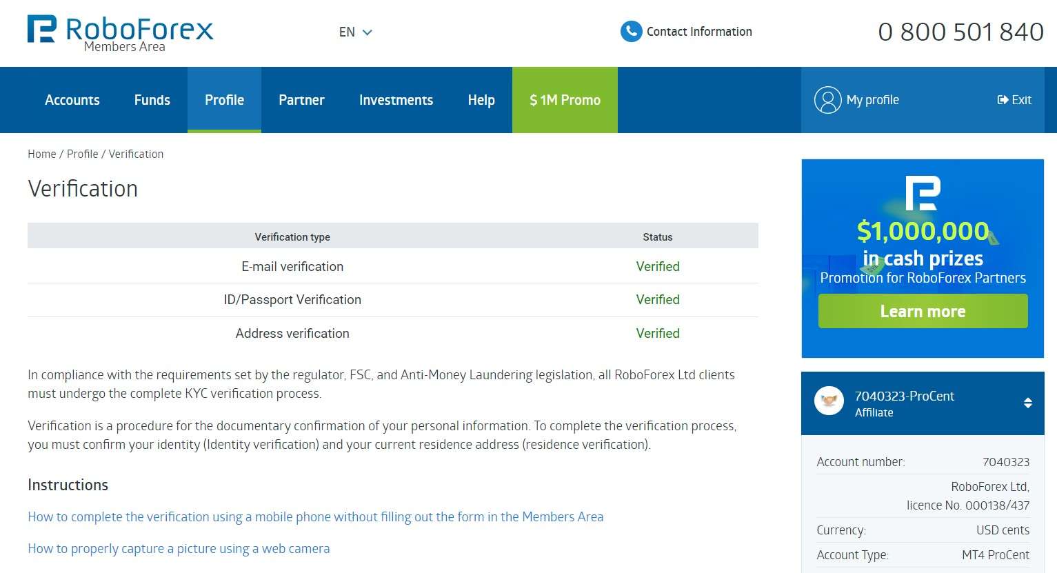 Página de verificación de RoboForex