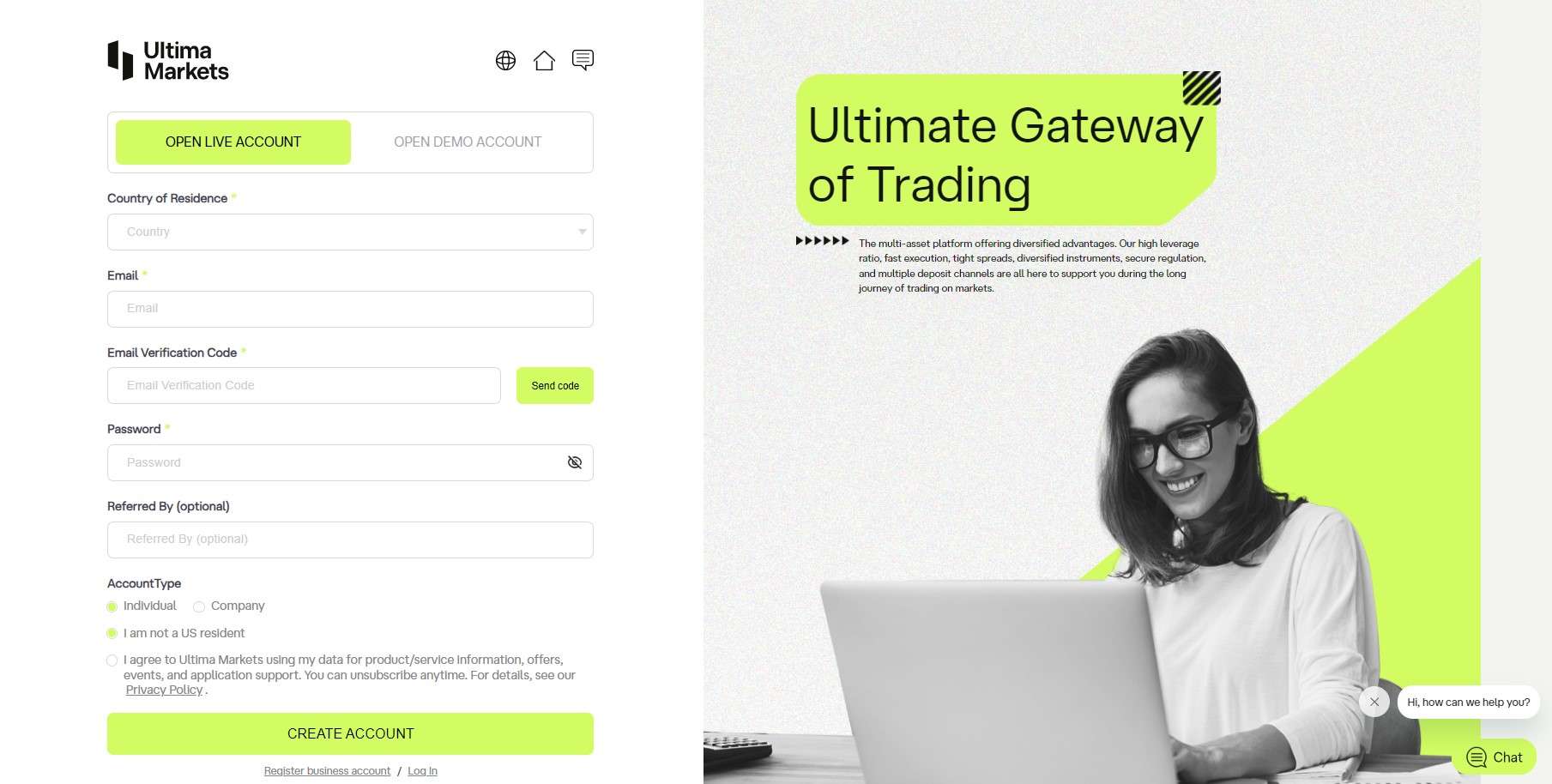 Форма реєстрації на Ultima Markets