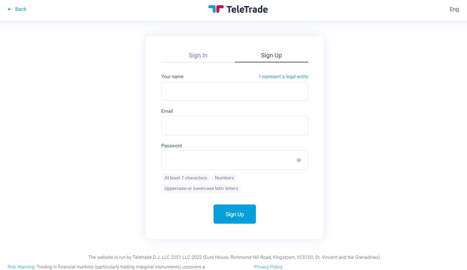 Formulario de registro de TeleTrade
