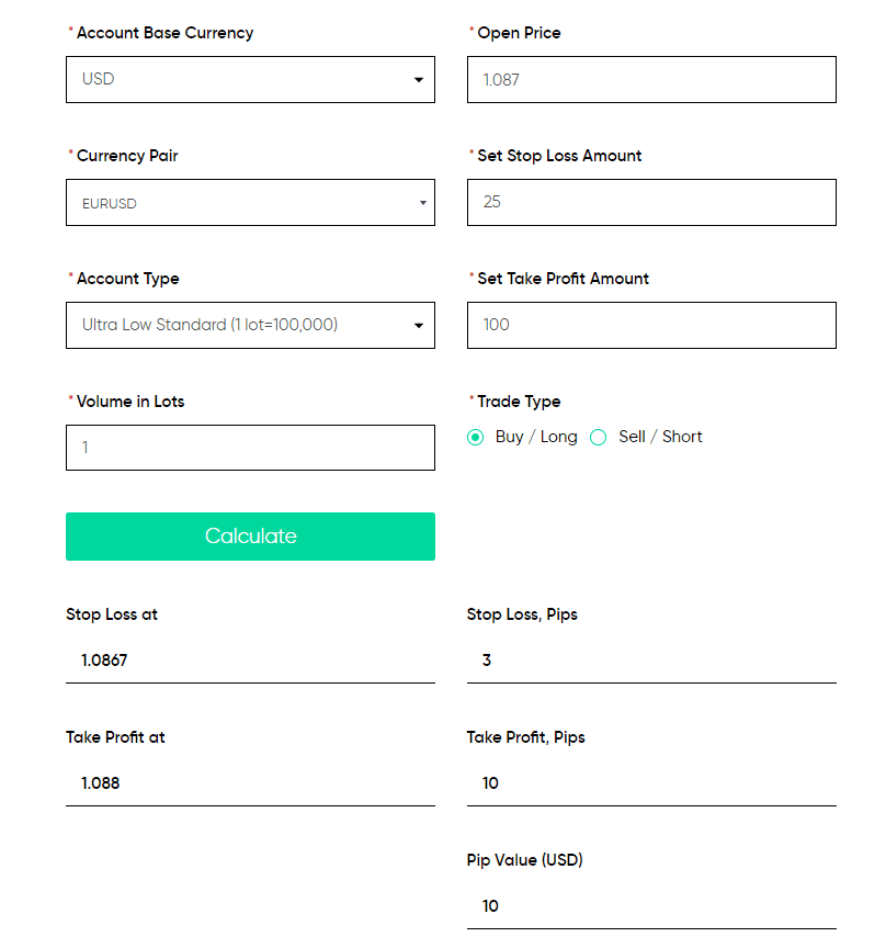 Calculator for position calculation on Trading.com