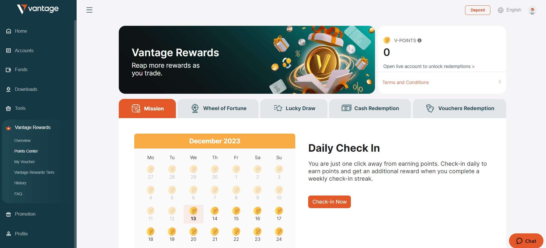 Recompensas Vantage no portal do cliente