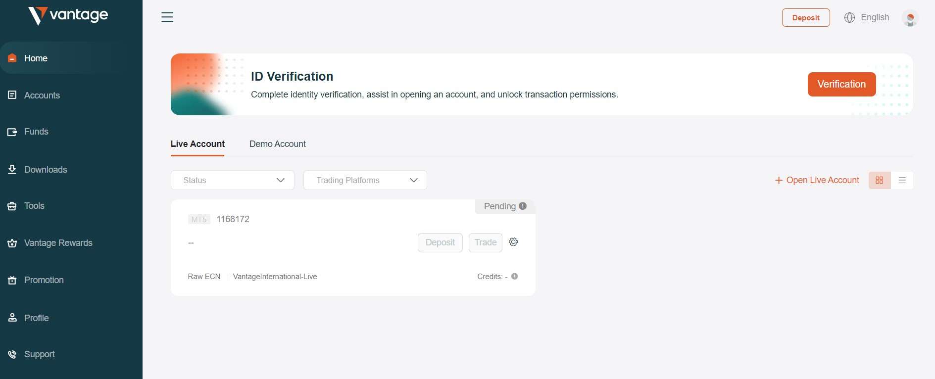 Verificação de conta no portal do cliente Vantage
