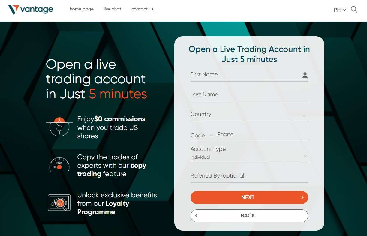 Форма регистрации на Vantage Markets