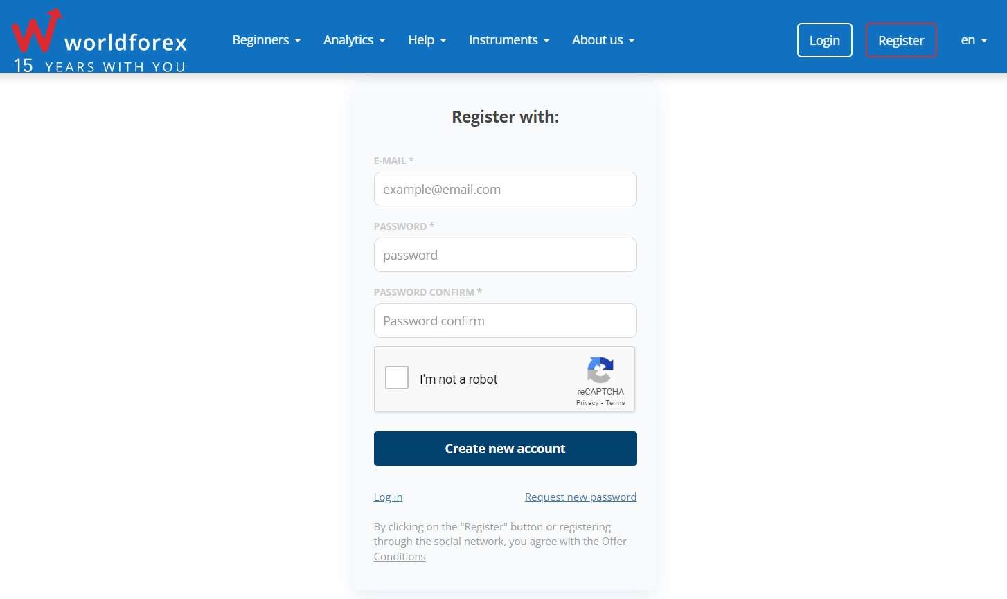 Formulário de registro na WForex