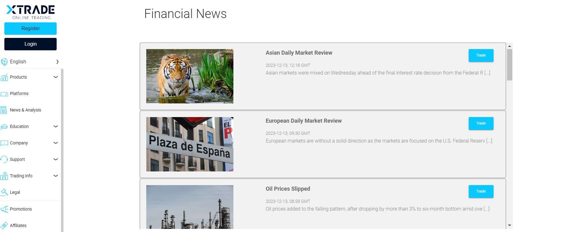 Financial news on the Xtrade website