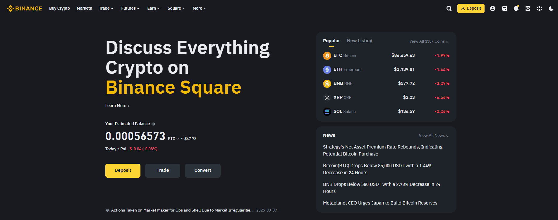 Binance-Startseite