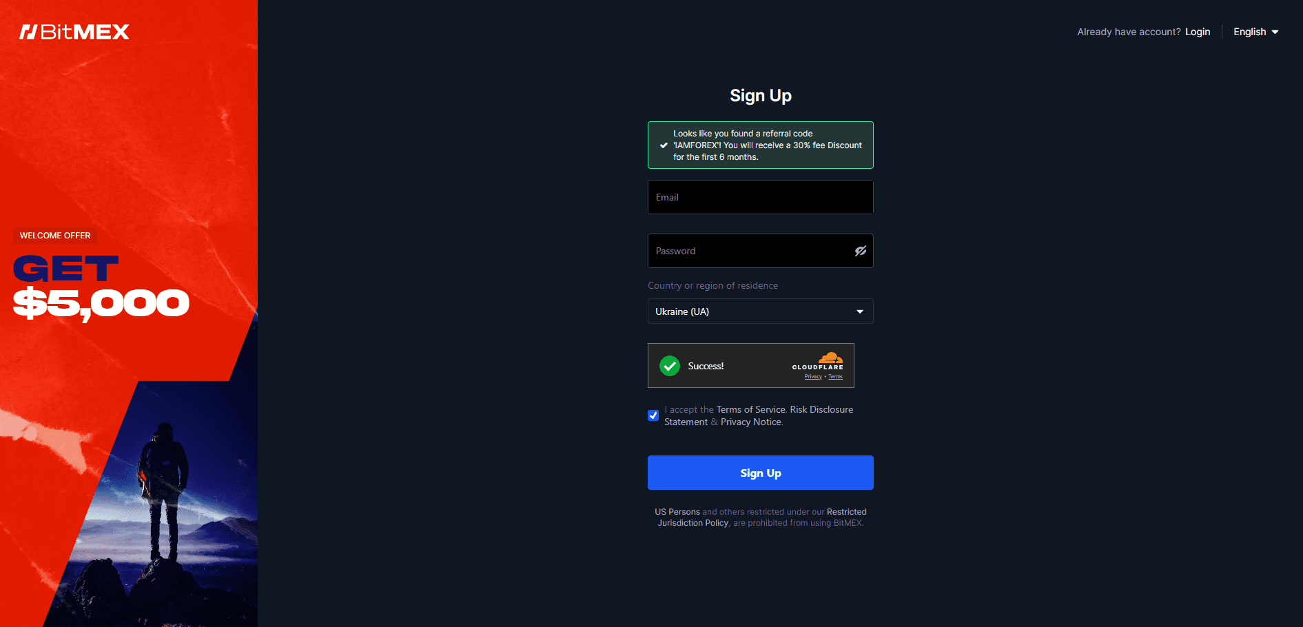 BitMEX registration form
