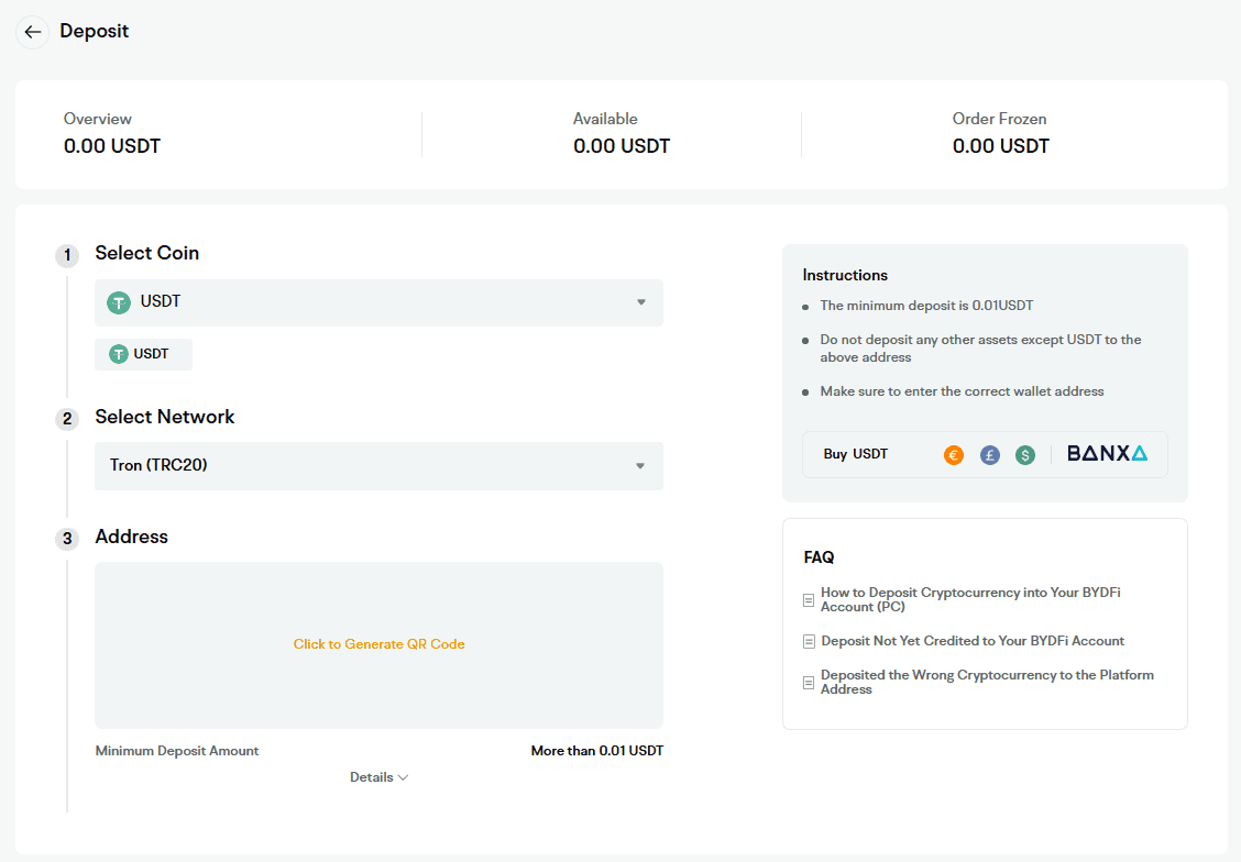Deposit cryptocurrency on BYDFi
