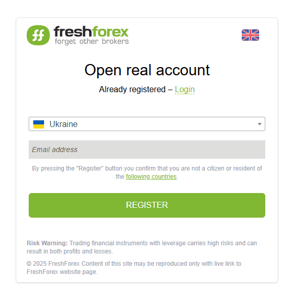 FreshForex-Registrierungsformular