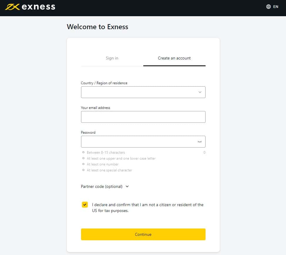 Registration form on the exness.com website