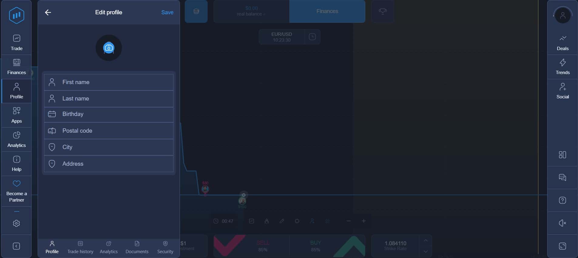 Данные профиля на Expert Option