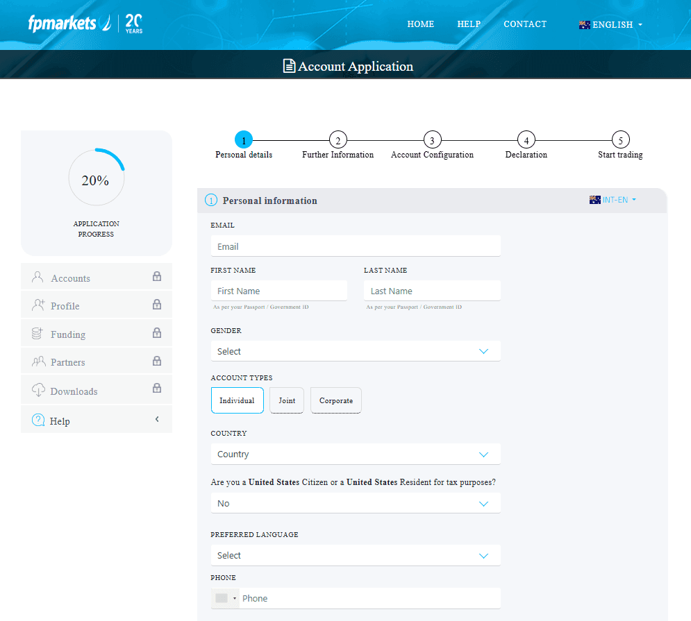 Registration form on FP Markets