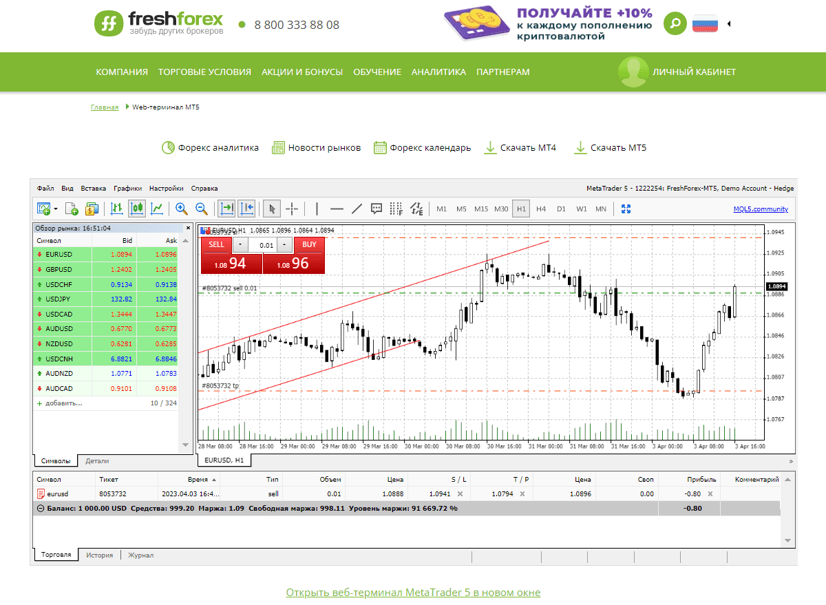 Торговая платформа MT5 в личном кабинете FreshForex